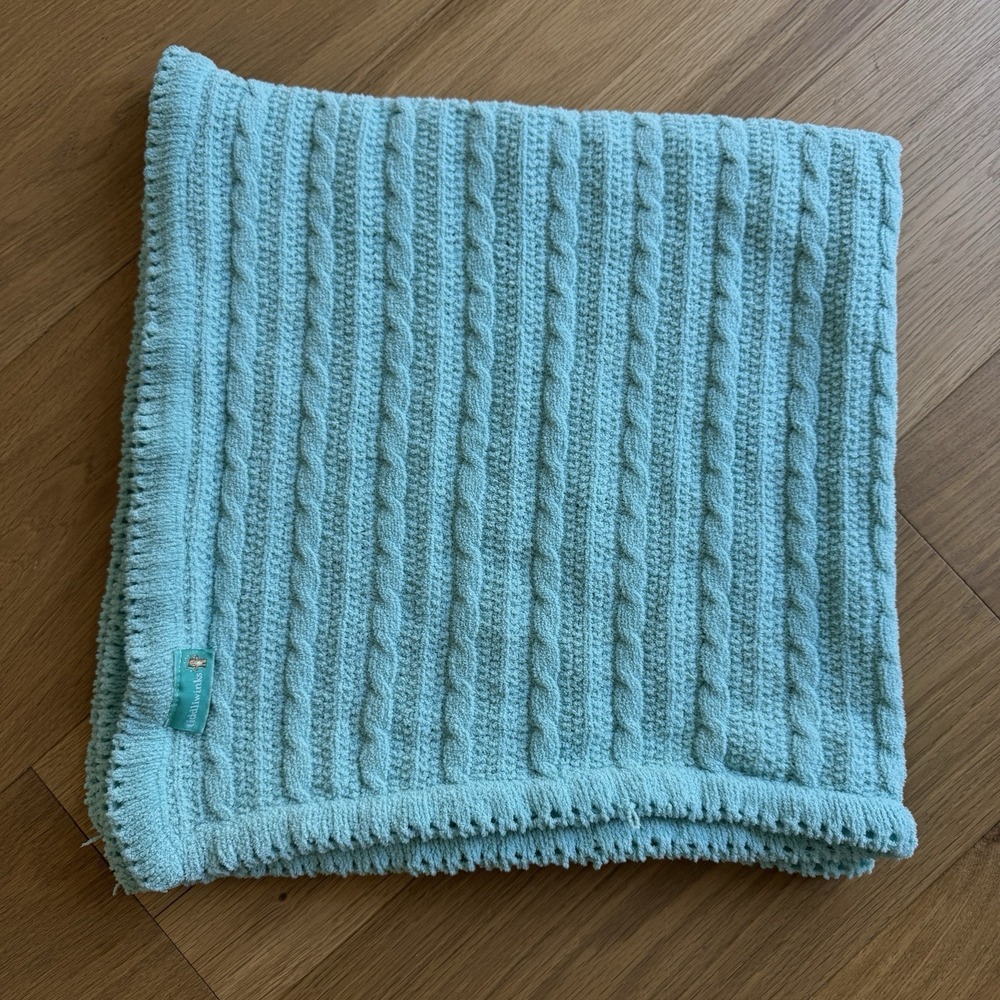 Tiddliwinks Aqua Teal Blue Chenille Baby Blanket Sweater Cable Knit Soft Rare